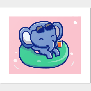 Cute Elephant Floating With Swimming Tires Posters and Art